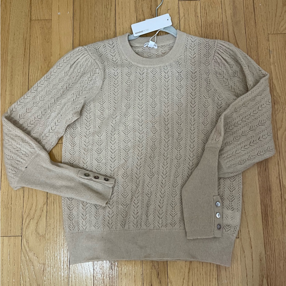 Minnie Rose Beige Pointelle Cashmere Sweater NWT